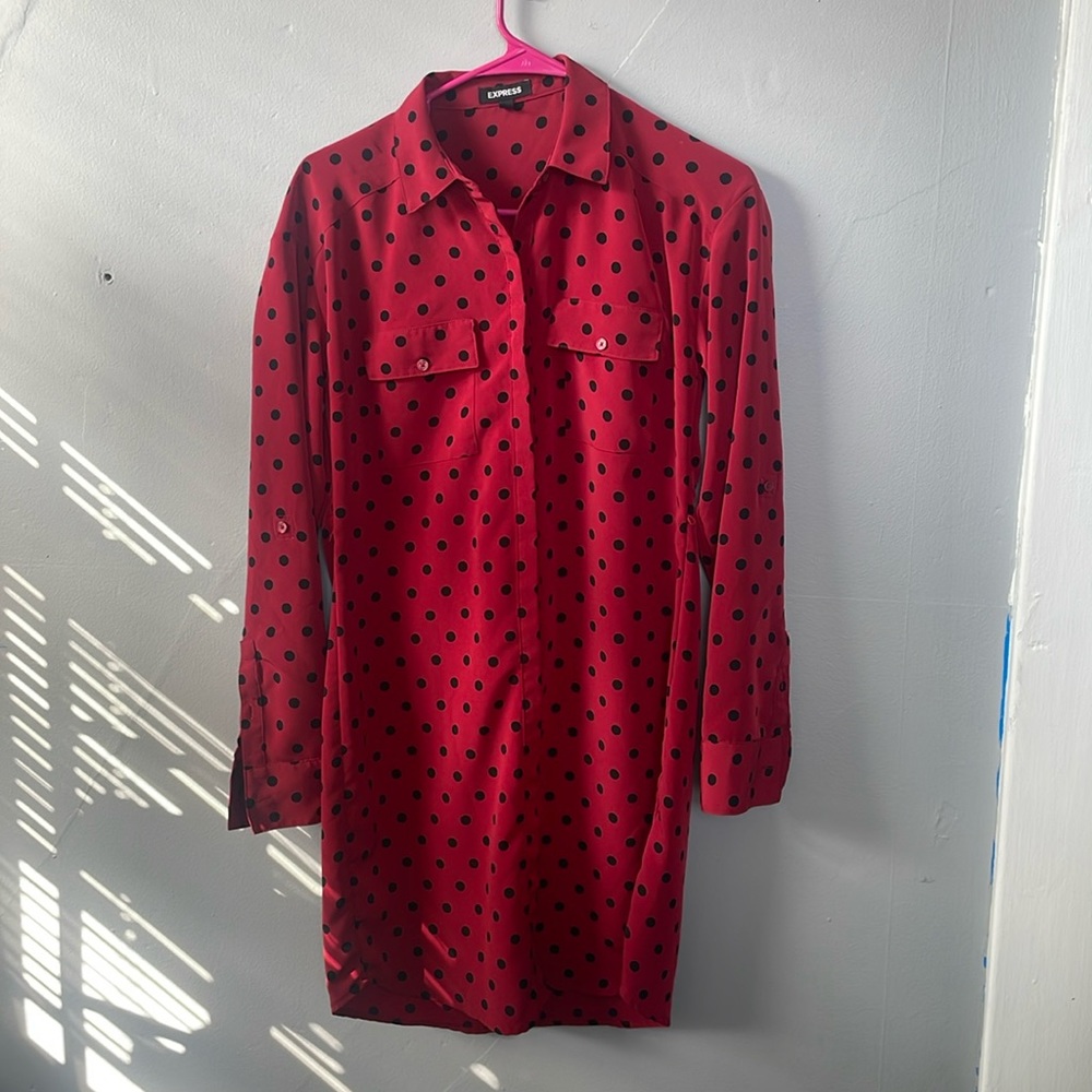 Express XS Button Front Two Pocket Red Black Polka Dot Shirt Dress euro summer